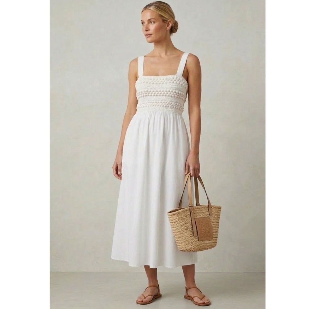 DIXIE Poplin Crochet Midi White Dress Size Small